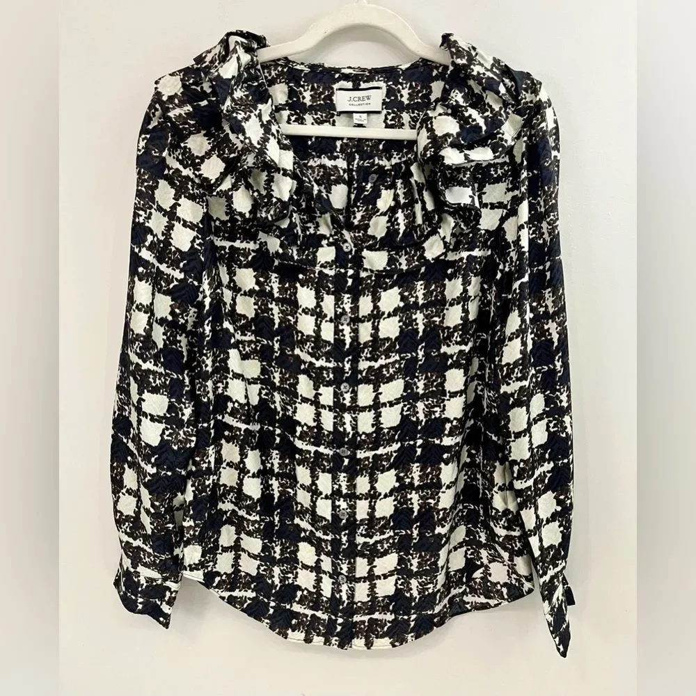 J. Crew Collection 100% Silk Twill Ruffle-Collar Long Sleeve Top Size S